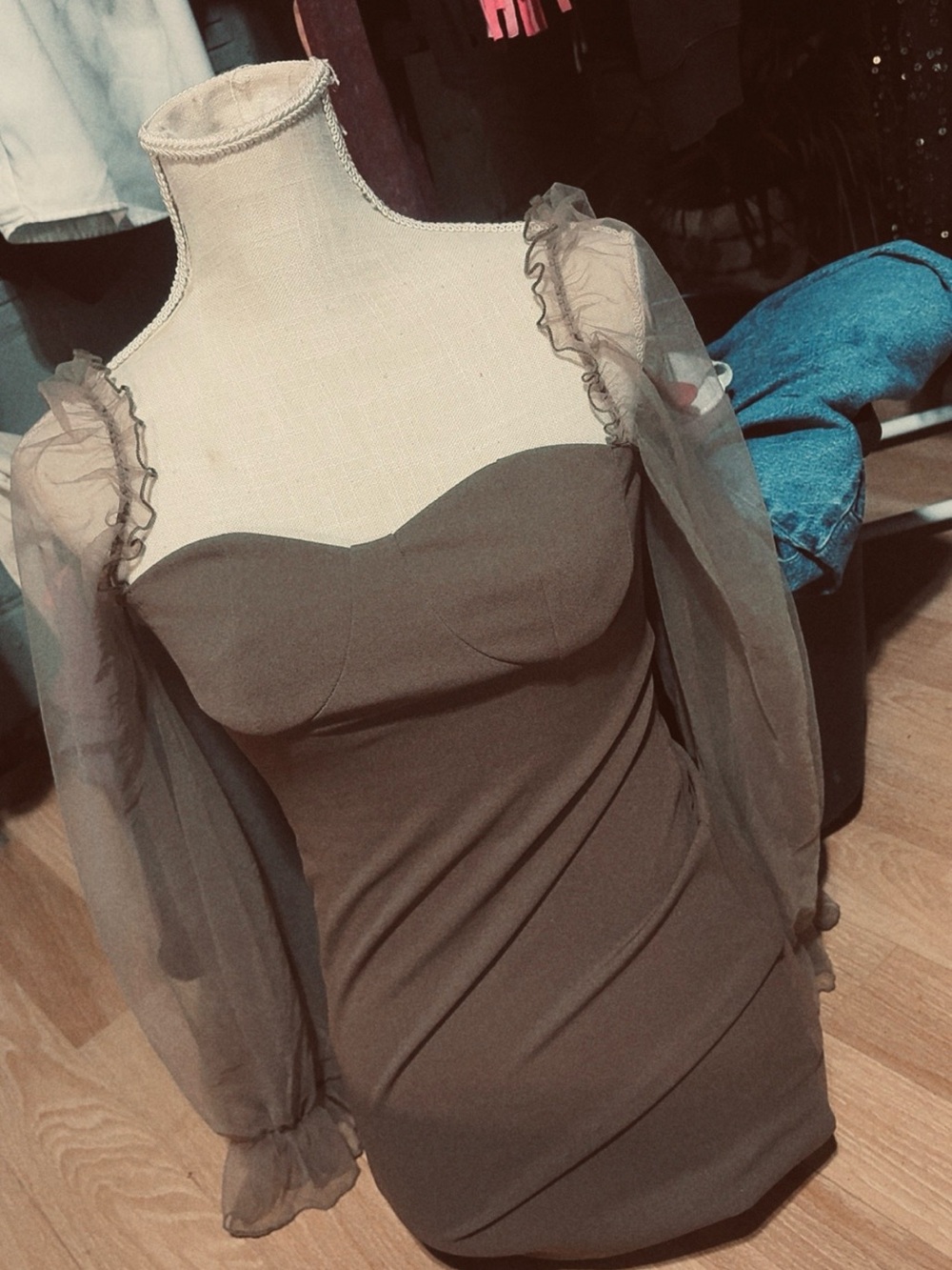 Strapless Olive Bodycon Dress with Sheer Puff Sleeves